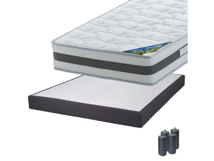 SEYCHELLES - Pack Matelas 160x200 + Sommier Tapissier Démontable 2x20 Lattes Anthracites + Pieds Anthracites 15cm