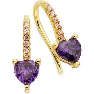 Paar Ohrhaken FIRETTI "Ohrringe Herz mit Zirkonen Amethystfarben und pink", lila (gelbgoldfarben, amethyst, pink, amethyst, pink), Ohrringe, Damen, Silber 925 (Sterlingsilber), mit Zirkonia (synth.)