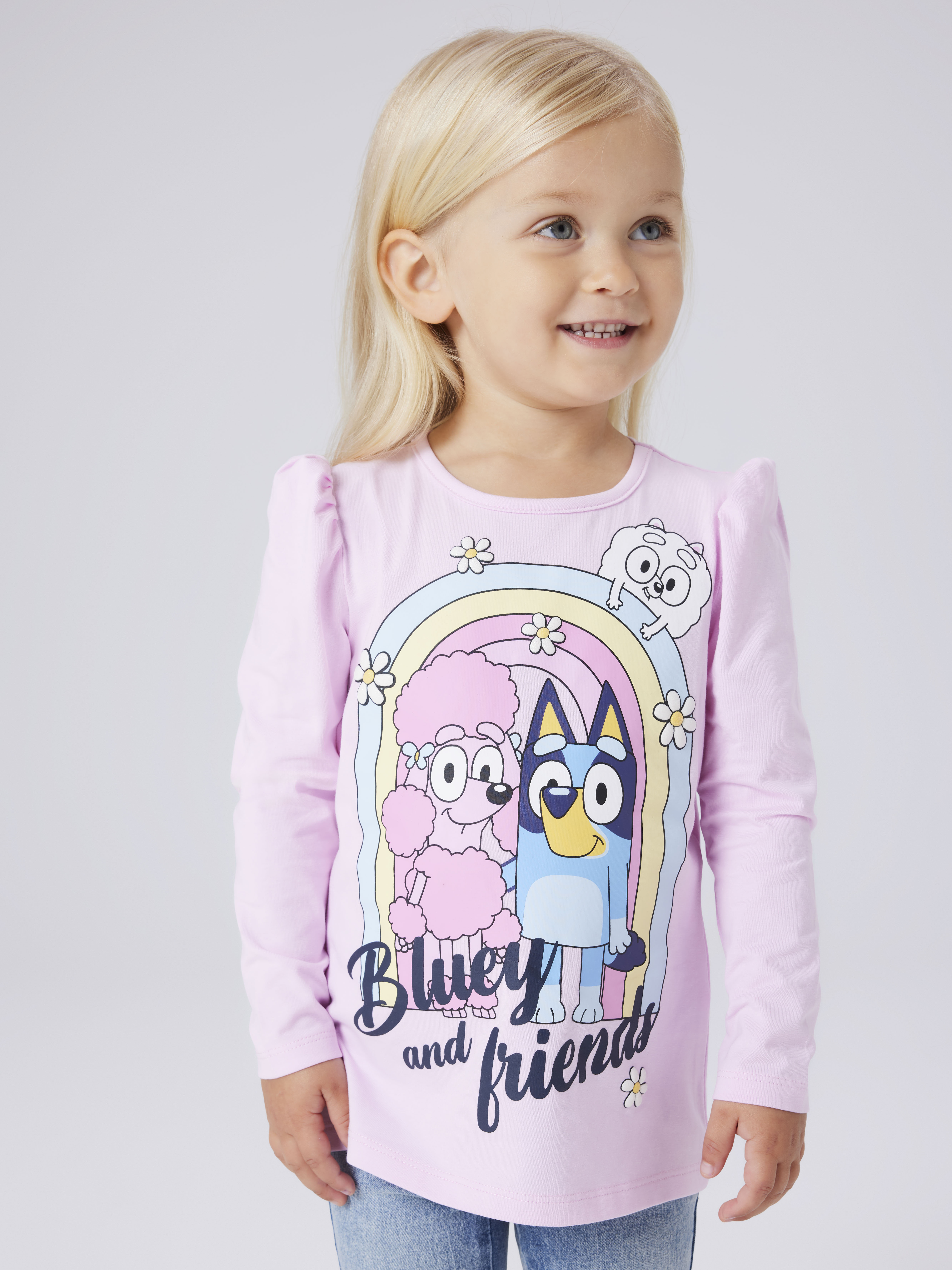 Langarmshirt NAME IT "NMFJESSIE BLUEY LS TOP BOX NOOS SKY", Mädchen, Gr. 86, rosa (pirouette), Jersey, Obermaterial: 95% Baumwolle, 5% Elasthan, Basic hüftbedeckend, Rundhals, Shirts Langarmshirt pirouette 86