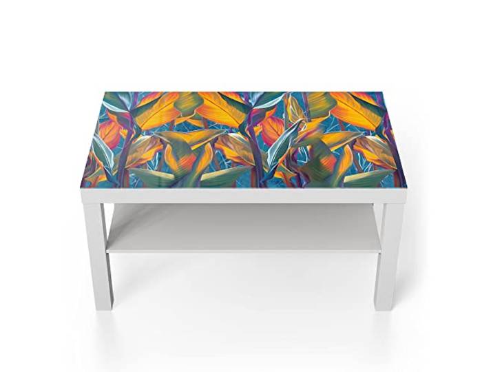 DEQORI Glastisch weiß groß 90x50 cm Motiv Exotisches Blättermeer ausgefallener Beistelltisch aus Glas Hochglanz Couchtisch fürs Wohnzimmer moderner Couch Tisch mit Design