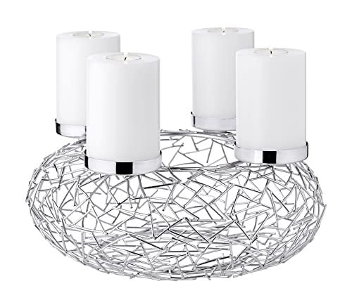 Edzard Adventskrans Milano Zilverkleurige Kerstdecoratie van Vernikkeld Roestvrij Staal met Takdesign voor Kaarsen Ø 8 cm, Diameter: 34 cm