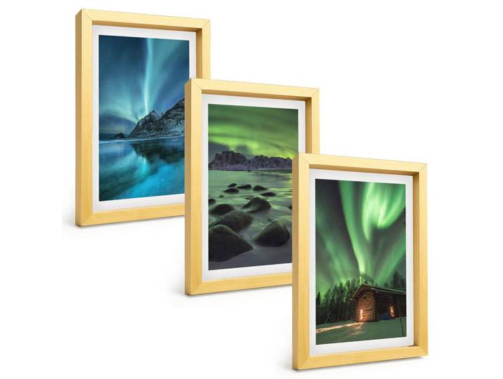 Tulup Bilder SET 3er Set - 20x30 cm Goldrahmen - Winterlandschaften, Nordlichter, Berge, Goldfarben, Kunststoff, Rechteckig, 20x30 cm, Fotografie, Bilder & Rahmen, Bilder