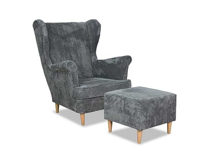 Family Meble Ohrensessel Cord mit Hocker, Modell Bonito, Skandinavisch, Relaxsessel aus Webstoff, Loungesessel, Sessel mit Fußstütze, Bequemer Sessel, Für Wohnzimmer, Esszimmer, Schlafzimmer, Grau