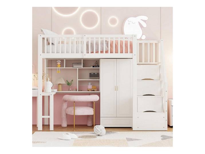 LuxusKollektion Kinderbett Kinderbett Hochbett 90x200cm Weiß Kleiderschrank Schreibtisch
