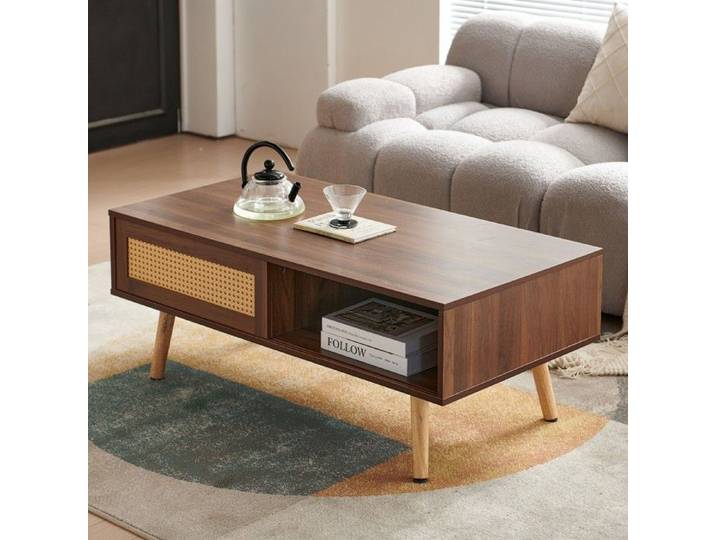 Table basse salon osier table à thé portes coulissantes pieds bois massif noyer foncé moderne 105x55x40cm
