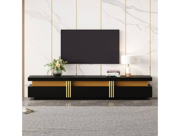 Meuble TV Lowboard Aspect Marbre 200cm-3 Tiroirs et Passe-câbles-Stable Support TV 90 Pouces-Design Moderne Fonctionnel