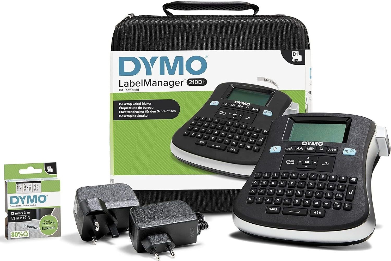 Dymo LabelManager 210D Handheld Label Maker Kit with QWERTY Keyboard, 12mm Black on White D1 Labels, and Carrying Case, New