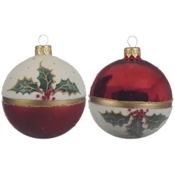 Christmas Decorations 6 Weihnachtskugeln 8cm Glas Motiv Mistelzweige Christbaumkugeln rot weiß gold