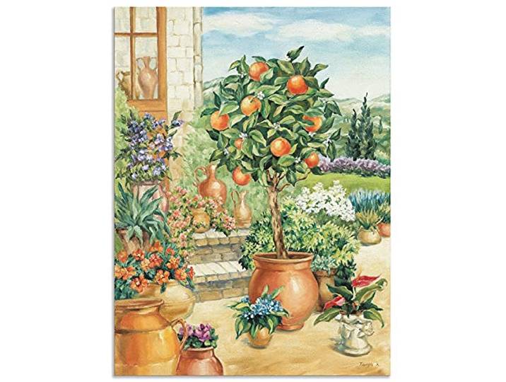 ARTland Wanddeko Wandbild Alu Verbundplatte für Innen & Outdoor Bild Landschaften Garten Malerei Grün Orangenbaum A6YA