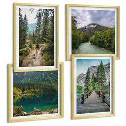 BILDER SET 4er Set - 50x50 cm & 40x60 cm Goldrahmen - Berge, Seen, Wälder, Wege