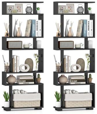 "1/2 PCS 6 Tier Geometric Bookcase 64"" Tall S-Shaped Bookshelf"