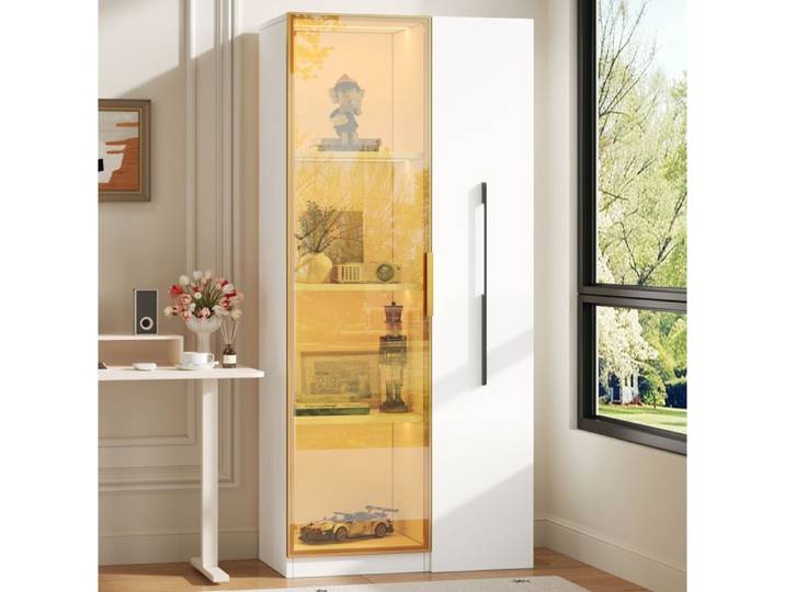 Vitrine En MDF Blanc Vitrine Moderne FloraGrace Pour Salon Ou Bureau LED Integree Et Rangement 70x40x160cm