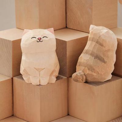 Inspired Finds Handcrafted Wooden Cat Figurine Decor Cute Kitten Statue For Desk, Car, And Home Accent cream