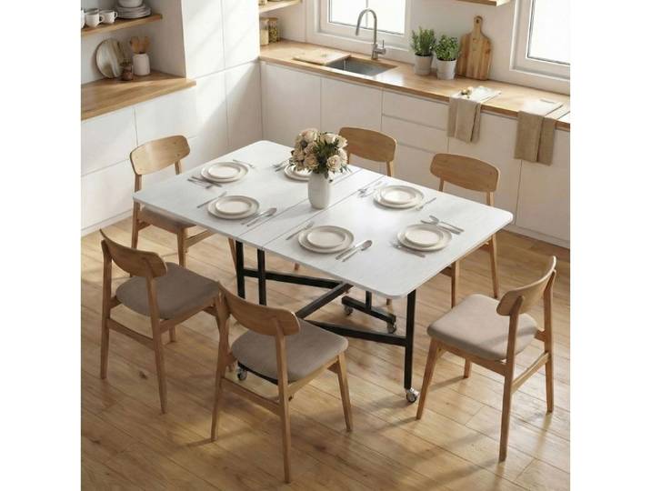 VUENOR Table de cuisine pliante 120 x 80 cm blanche – 6 roulettes avec freins jusqu'à 6 personnes