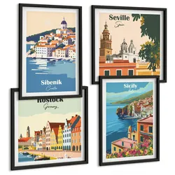 BILDER SET 4er Set - 50x50 cm & 40x60 cm Schwarzer Rahmen - Landschaften europäischer Städte
