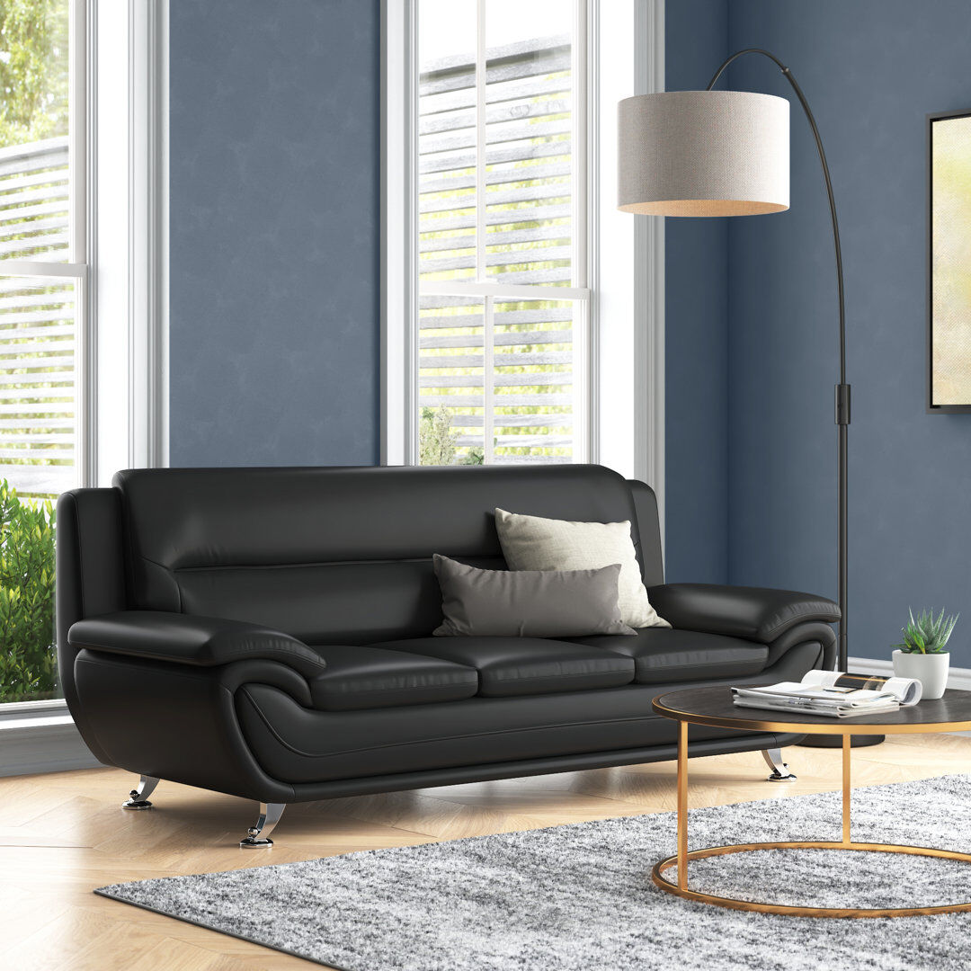Wade Logan Huseman 3 Seater Faux Leather Sofa Black 83cm H X 200cm W X 83cm D
