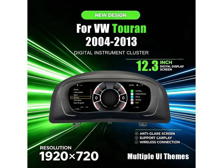 Tableau de bord numérique pour VW Touran 2004-2013, tableau de bord virtuel, compteur de vitesse