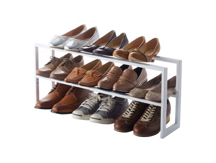 YAMAZAKI 3190 LINE Étagère à chaussures extensible à 2 niveaux\, blanc\, acier\, design minimaliste\, 38 x 15 x 30 cm (LxPxH)