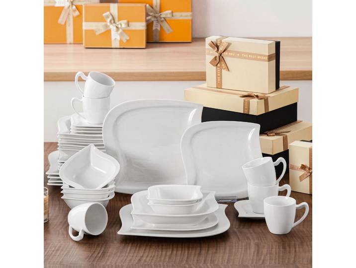 MALACASA 36 pièces ensemble de vaisselle gris marbre blanc ivoire ensemble d'assiettes en céramique avec 6 pièces assiette à dîner/dessert/soupe/tasse/chaud/cuiseur