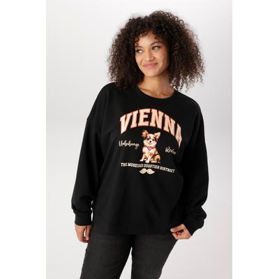 Sweatshirt ANISTON PLUS, Damen, Gr. 48, schwarz, Obermaterial: 80% Baumwolle, 20% Polyester, figurumspielend Po-bedeckend, Rundhals, Sweatshirts Sweatshirt, mit süßer Applikation - NEUE KOLLEKTION