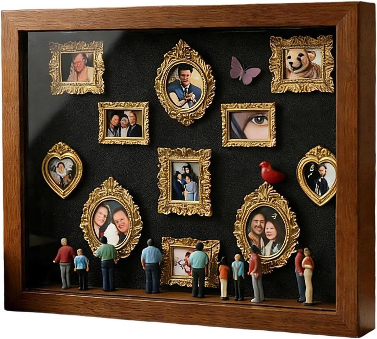 Mini museum vitrine met dimbare LED-verlichting voor 11 foto's, houtkleurig