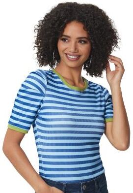 Masseys Puff Sleeve Ribbed Tee (Size Medium) Navy/Blue/Lime, Cotton,Elastine