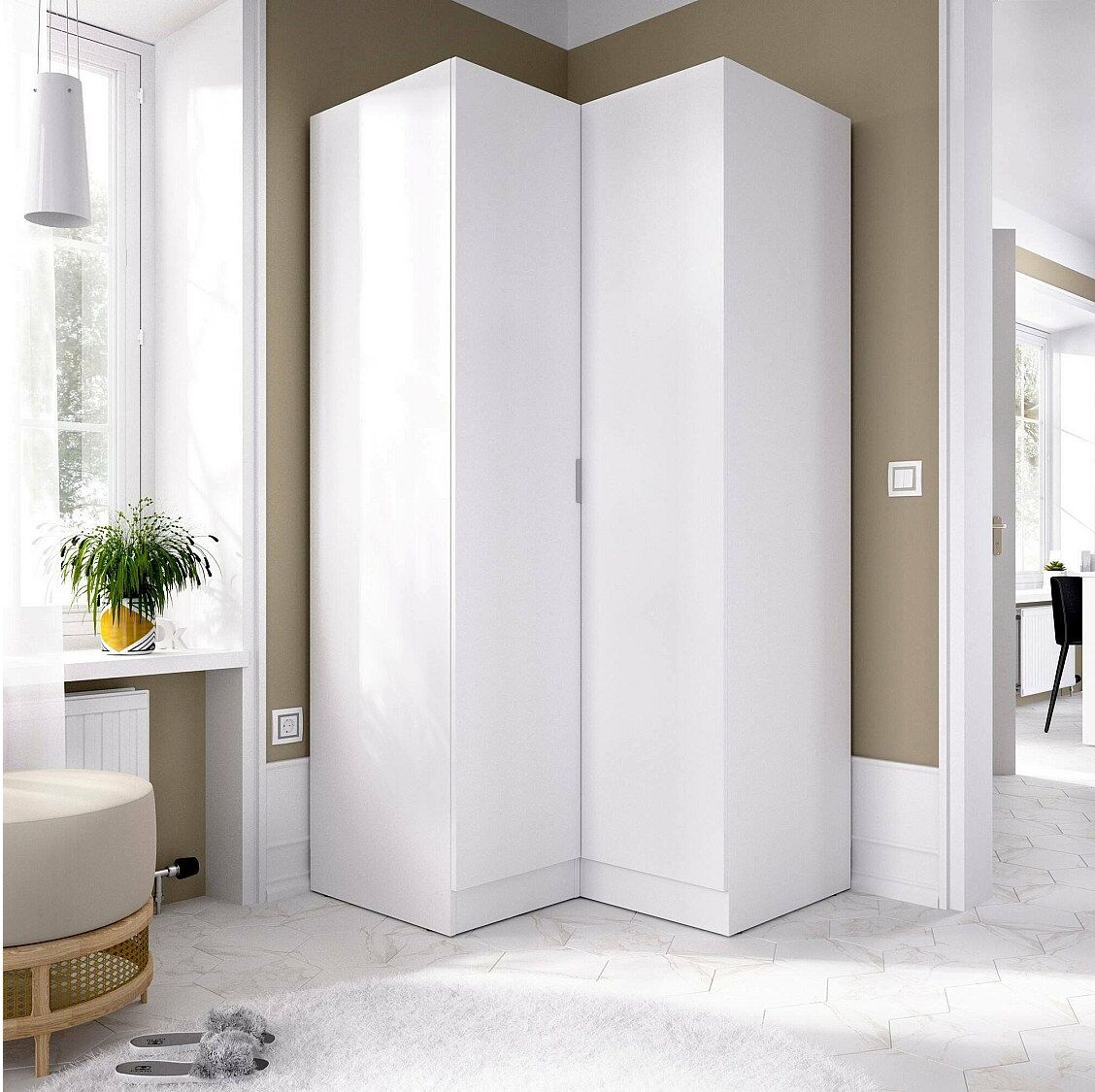 Dmora Dcipo kledingkast, Hoekkast voor slaapkamer, Hoekkast met 2 draaideuren, 91x93h184 cm, Wit