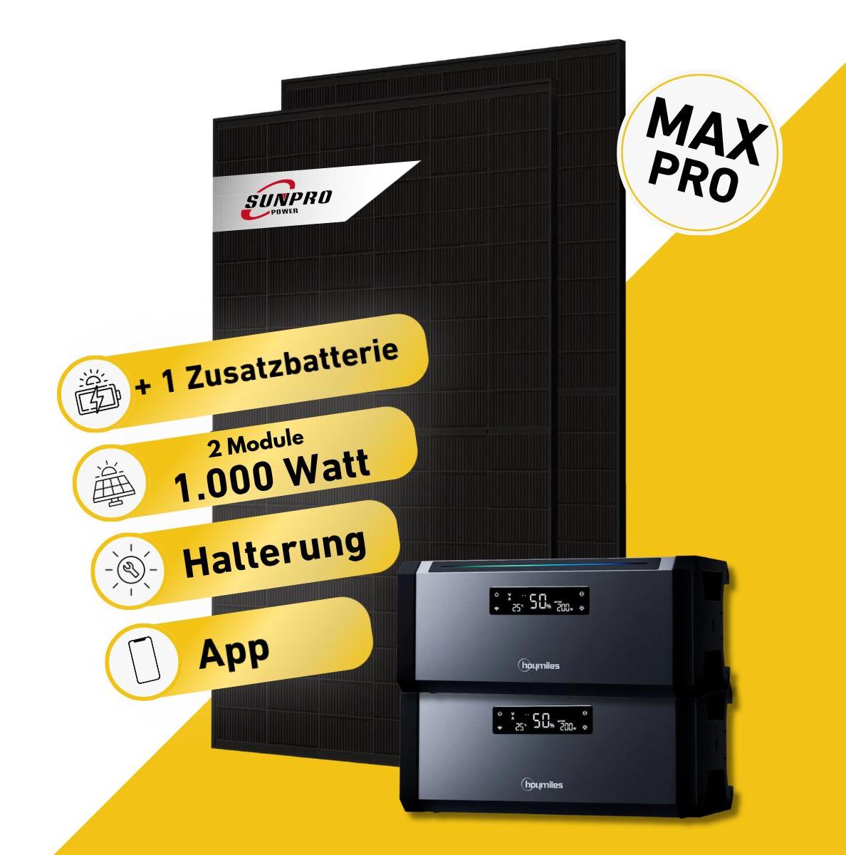 Balkonstrom Balkonkraftwerk 1000W Solaranlage mit Speicher | 1xZusatzspeicher | Garten/Flachdachhalterung | 2xSolarmodul | Hoymiles AC1920
