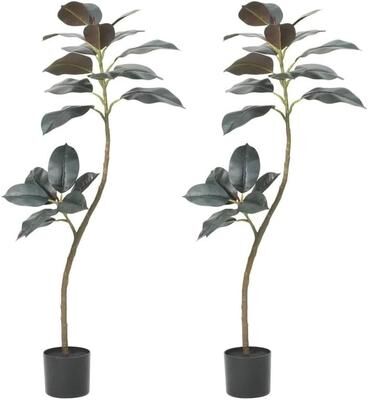 YUN 4ft Artificial Rubber Tree with Pot, Lifelike Faux Tropical Plant for Home Office Decor - 120cm