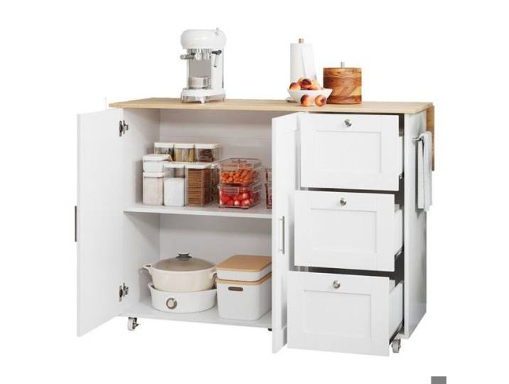 Chariot ilôt de cuisine pliable 3 tiroirs roulettes porte-serviettes grand plan de travail 135cm idéal pou DESSERTE DE CUISINE
