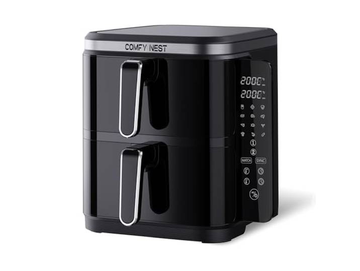 Comfy Nest, 11-Liter-Doppelkorb-Luftfritteuse, Heißluftfritteuse, gleichzeitiges Kochen, digitaler Touchscreen, Rapid Air-Technologie, erhöhte Sicherheit, leicht zu reinigen – 5,5 l, Schwarz