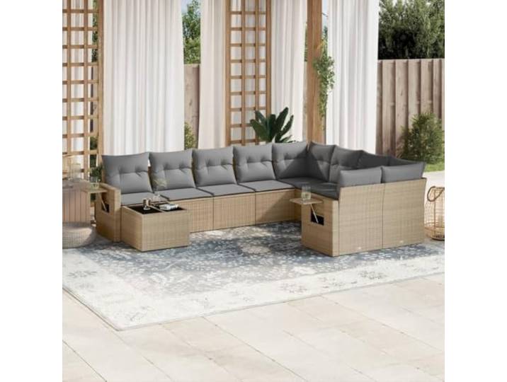 ZQQLVOO 10-TLG. Poly Rattan Sofagarnitur Beige Mit Glastisch Modulares Design, Beistelltisch mit Gasfeder, Hartglasplatte, pflegeleicht