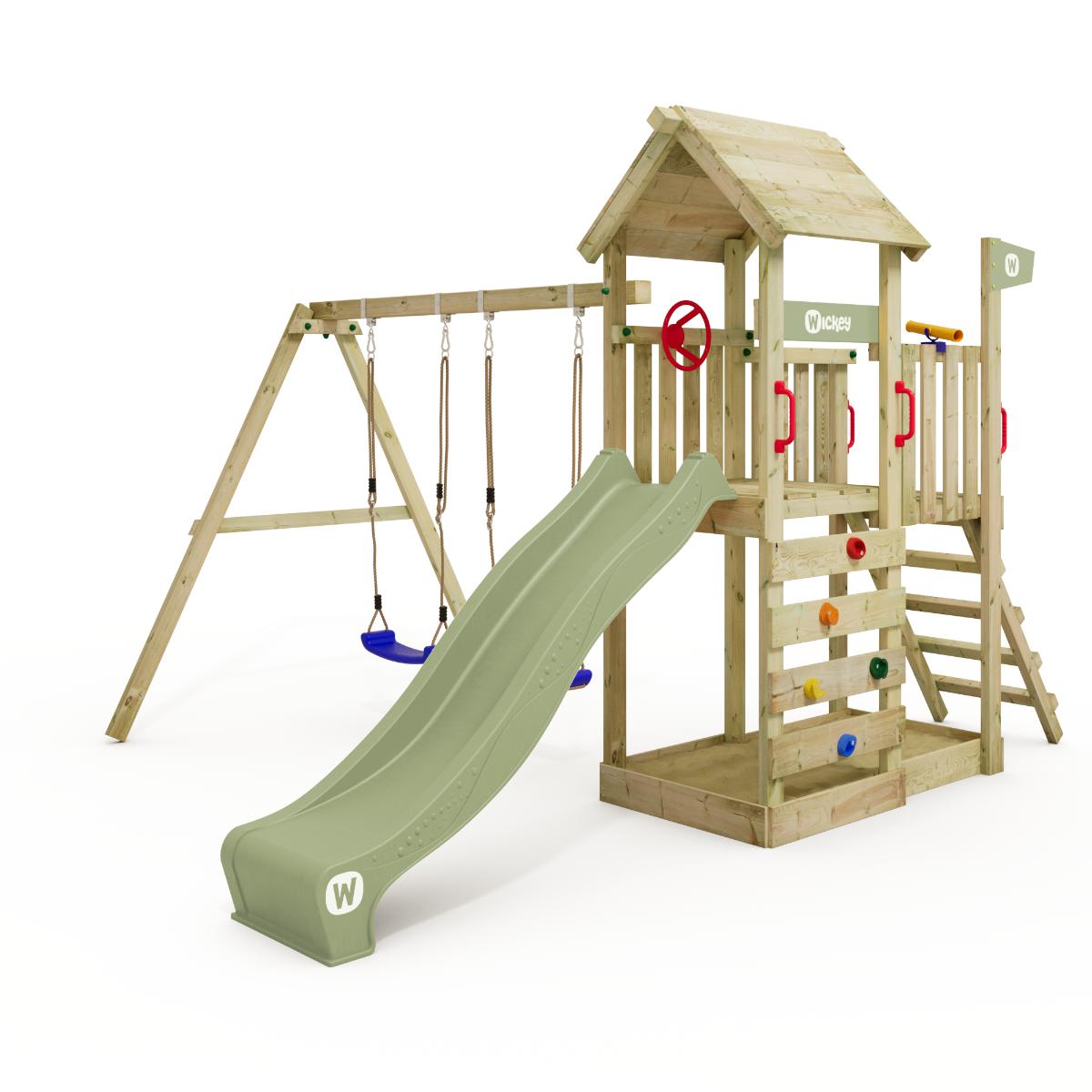 Kinderspielturm MultiFlyer mit Rutsche & Sandkasten - Stabiler Spielturm aus Massivholz für den Garten - Hochwertiges Klettergerüst - Wickey