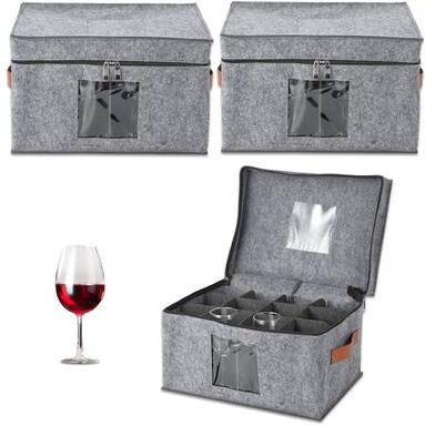 Garvee 3-Pack Stemware Storage Boxes with Dividers, Felt Wine Glass Organizer with Lids & Handles, Gray. - Gray