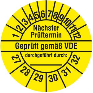 Böttcher-AG Prüfplaketten Nächste Prüftermin geprüft gem. VDE, 2027-2032, gelb, Ø 20 mm, 1.000 Stück