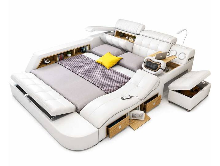 JVmoebel Multimediabett Hochwertiges Multifunktionsbett Weiß mit Stauraum und Relax Funktionen (1-tlg., 1-tlg), Verstellbares Kopfteil, Hocker mit Truhe, Ablagen