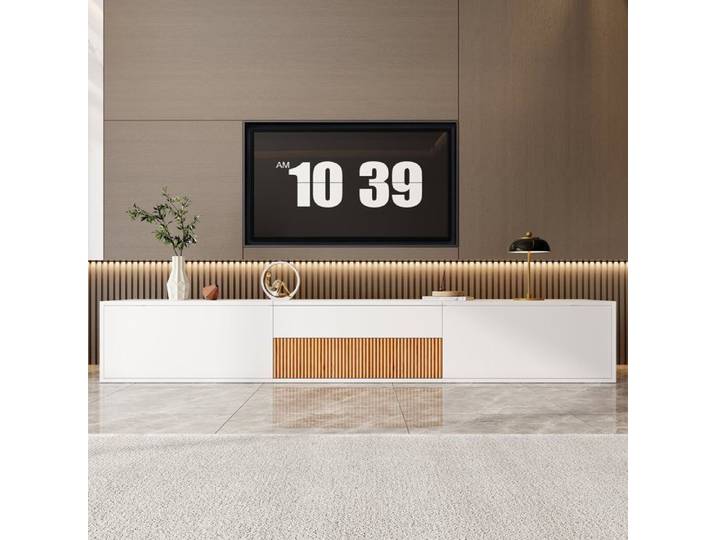 Meuble TV moderne 180x34x30 cm (L x l x H) support TV panneau TV meuble TV bas. Design unique compatible avec un projecteur.