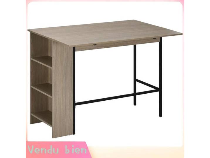 LIA Ilot central table bar plateau rabattable 3 étagères 120x76x91cm gris clair