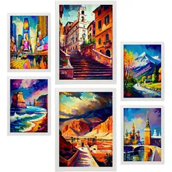 POSTER Set Mit 6 Warm Im Ölgemälde Stil A3 & A4 Weißer Rahmen