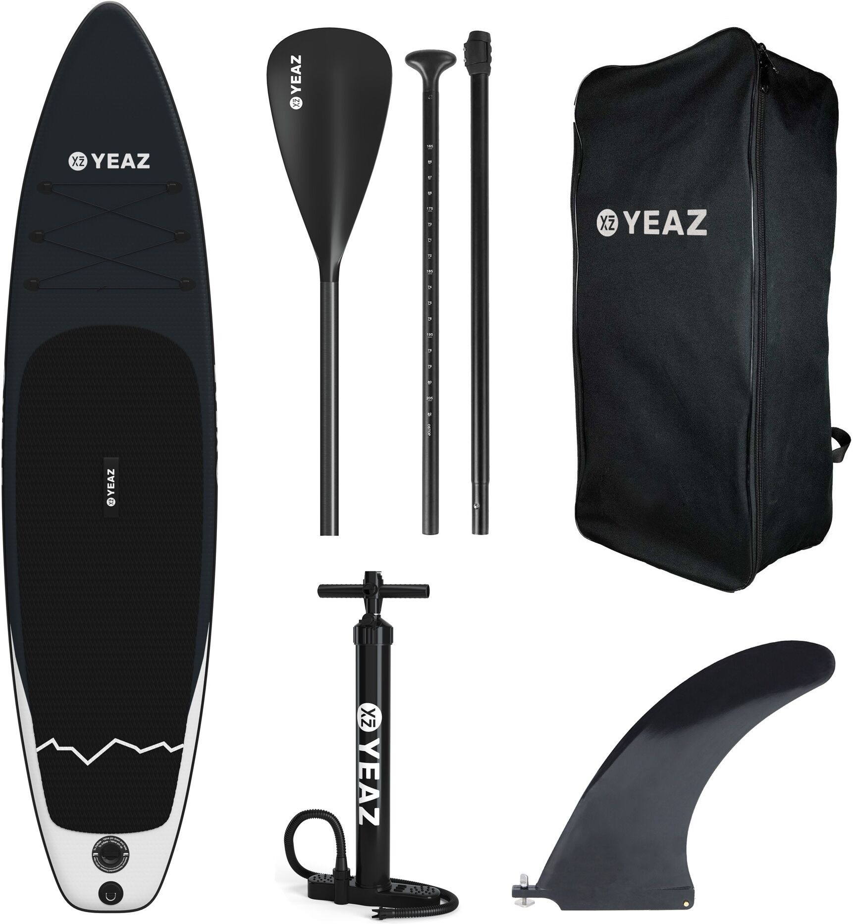 Inflatable SUP-Board YEAZ "SUP-Board mit Paddel, Pumpe und Rucksack NALU (EXOTRACE)", schwarz (jet schwarz), Wassersportboards, Inflatable SUP-Board