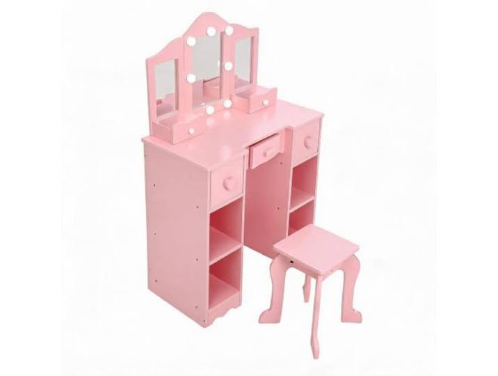 ZoomBuggy Kinder Schminktisch 2-in-1 mit Hocker, Holz/MDF - klappbarer LED-Spiegel - 5 Schubladen & 4 offene Fächer - viel Stauraum fürs Kinderzimmer - Farbe: Rosa
