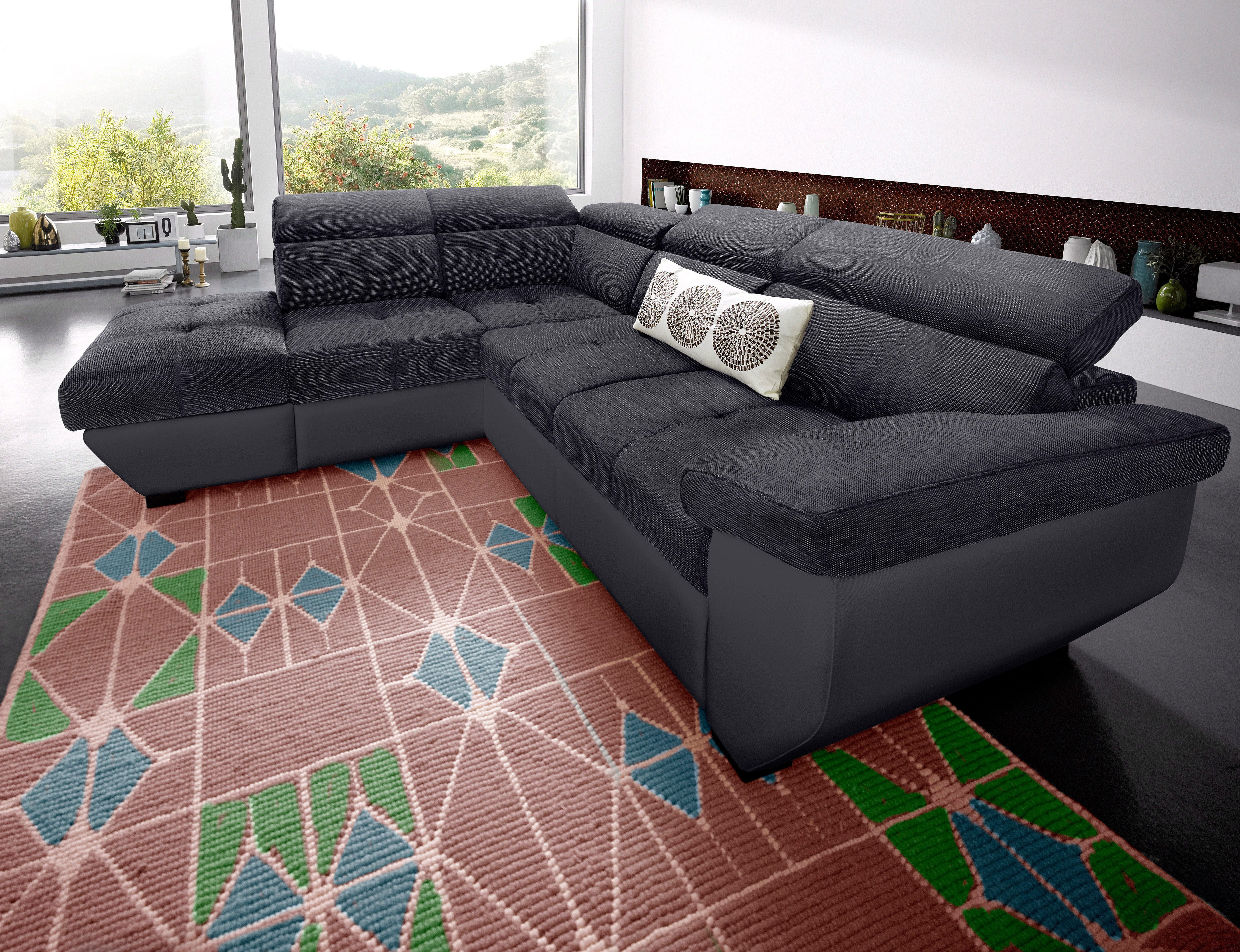 Ecksofa COTTA "Speedway L-Form, B: 262cm, moderne Couch, bequeme Wellenunterfederung", grau (schwarz, schwarz), B:262cm H:79cm T:102cm, Kunstleder SOFTLUX / Struktur (100% Polyester);Edles Flachgewebe (100% Polyester) / Feine Struktur (100% Polyester);Kun