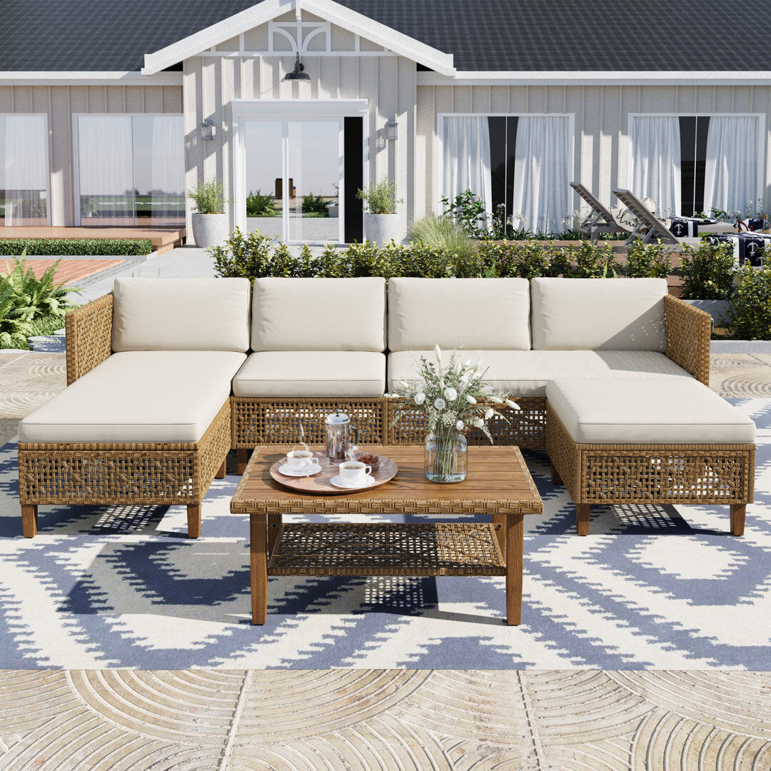 Bay Isle Home Outdoor Wicker Patio Conversation Furniture Set With Acacia Wood Coffee Table Beige 5