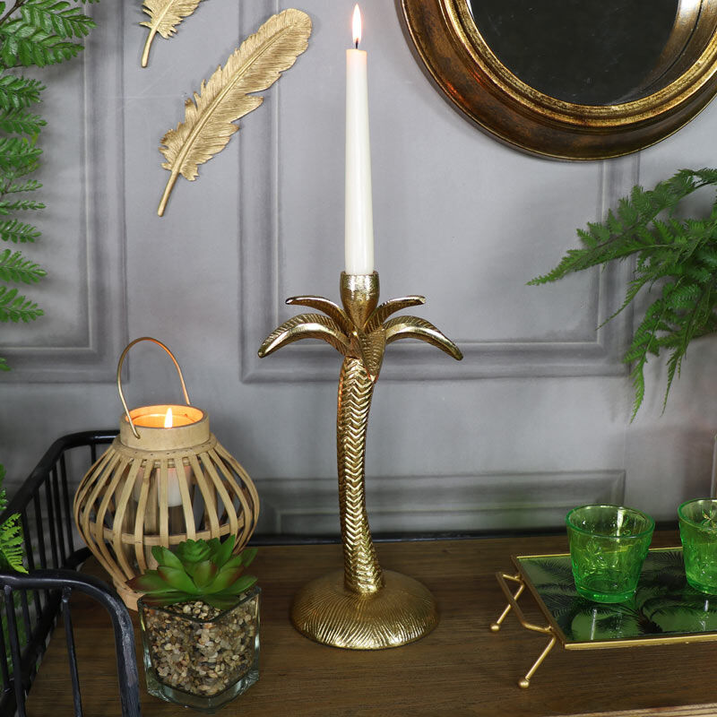 Gold Metal Palm Tree Candle Holder Metal