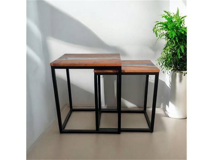 Table basse gigogne epoxy noir et bois d'acacia (lot de 2) BORA