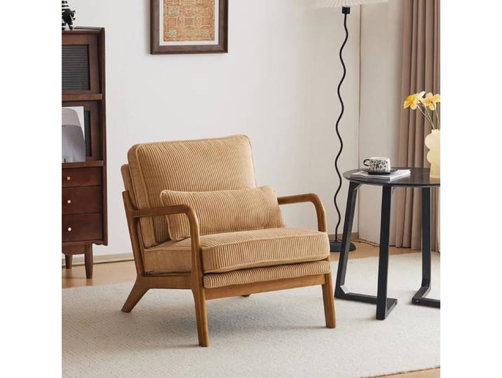VINGLI Fauteuil de Salon avec Cadre en Bois Fauteuil d'Appoint Relaxation Chaise d'Attente Velours Côtelé Kaki