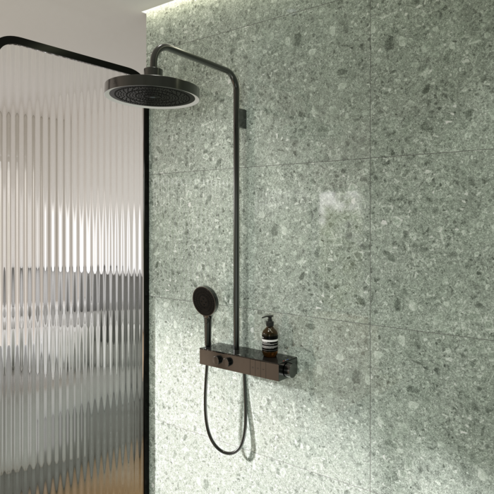 Ideal Standard Duschsystem A7883A5 mit Aufputz-Brausethermostat Ceratherm Navigo® mit Ablage, Kopfbrause mit LED-Leuchtring, 3-Funktions-Hand- & Kopfbraus, Magnetic Grey