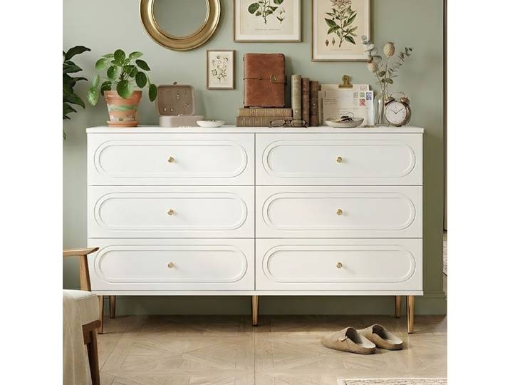 Commode 120x40x75cm - 6 tiroirs spacieux - Design ovale élégant - Pieds métal stables - MDF Blanc