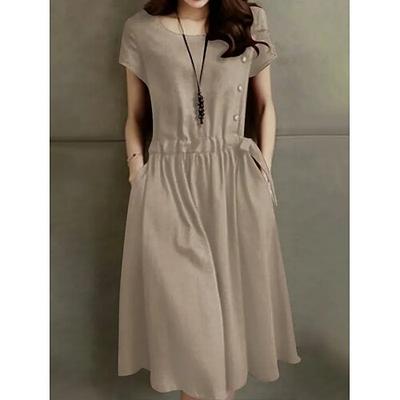 Damen Baumwoll-Leinen Mini Kleid A-Linien Kleid Sommerkleid Lässig Täglich Reguläre Passform Einfarbig Kurzarm Rundhals Rot Marineblau Olivgrün Aprikose Sommer Frühling