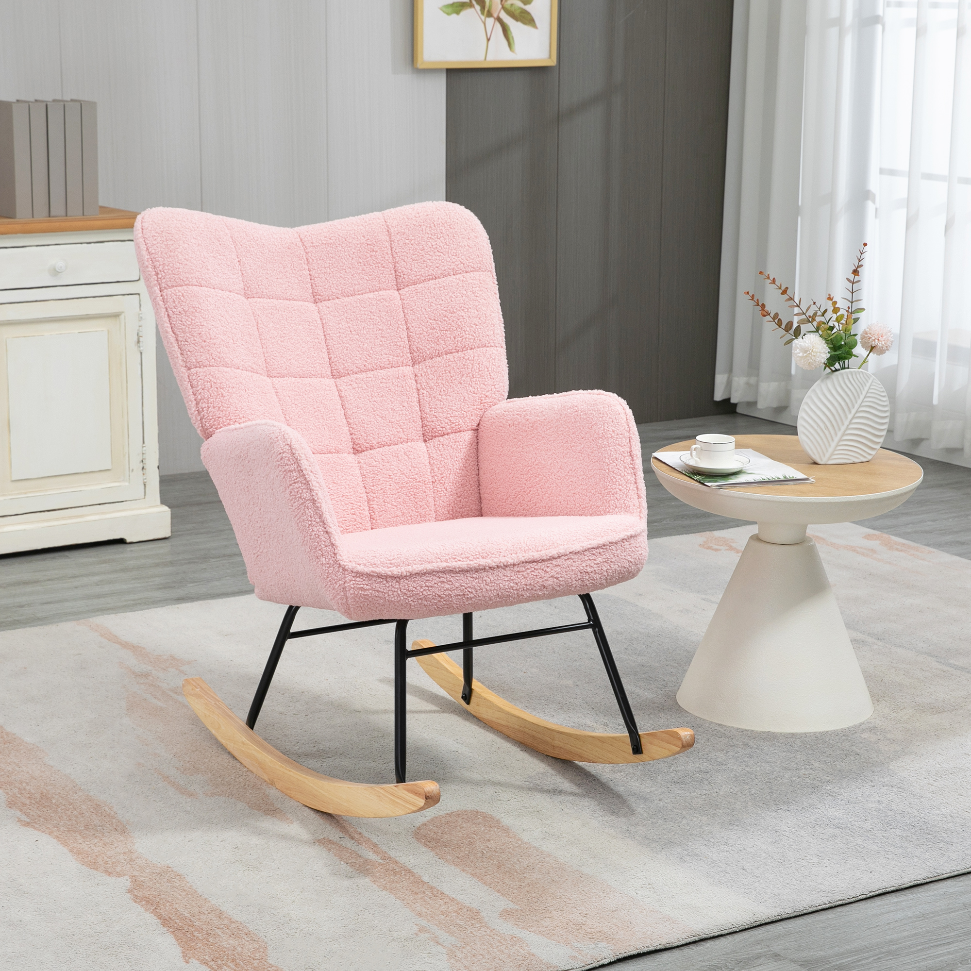Homcom Poltrona a Dondolo dal Design Retro, Legno Massello, Poltrona, Poltrona Relax, 98 cm x 71 cm x 101 cm, Rosa